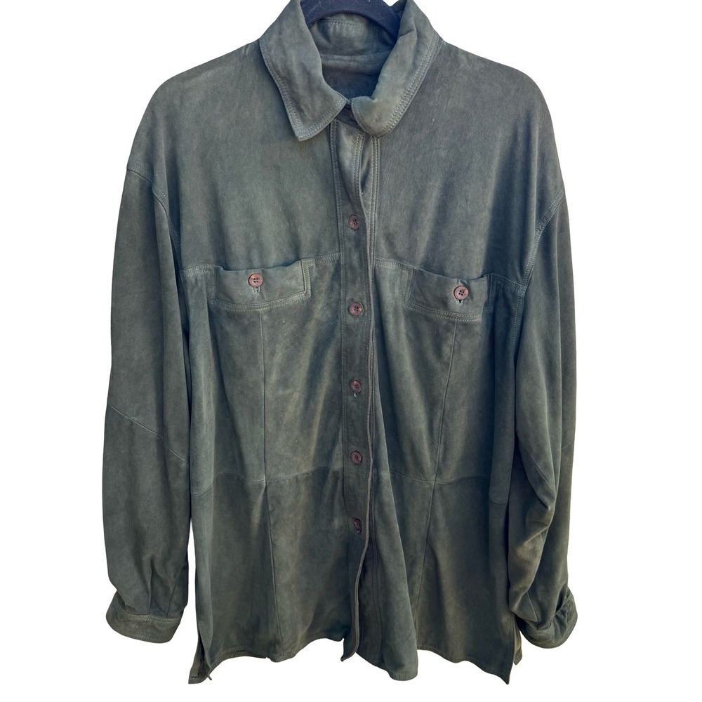 Vintage Cabincore Western Rustic Indie Faux Suede Shirt Jacket Shacket Olive